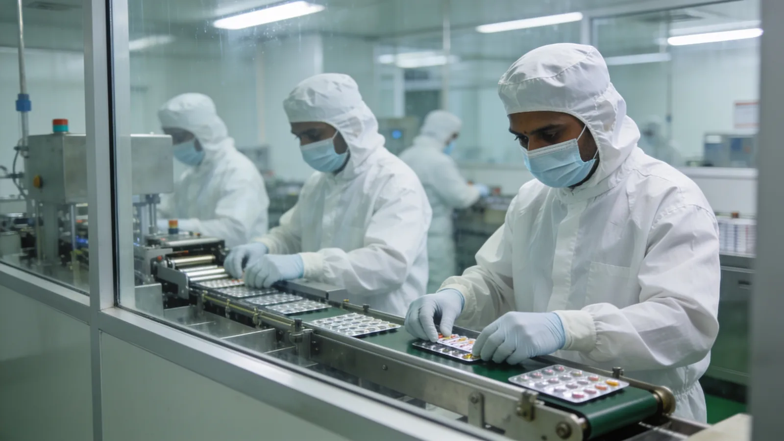 Gowned operators at a pharmaceutical blister packing line