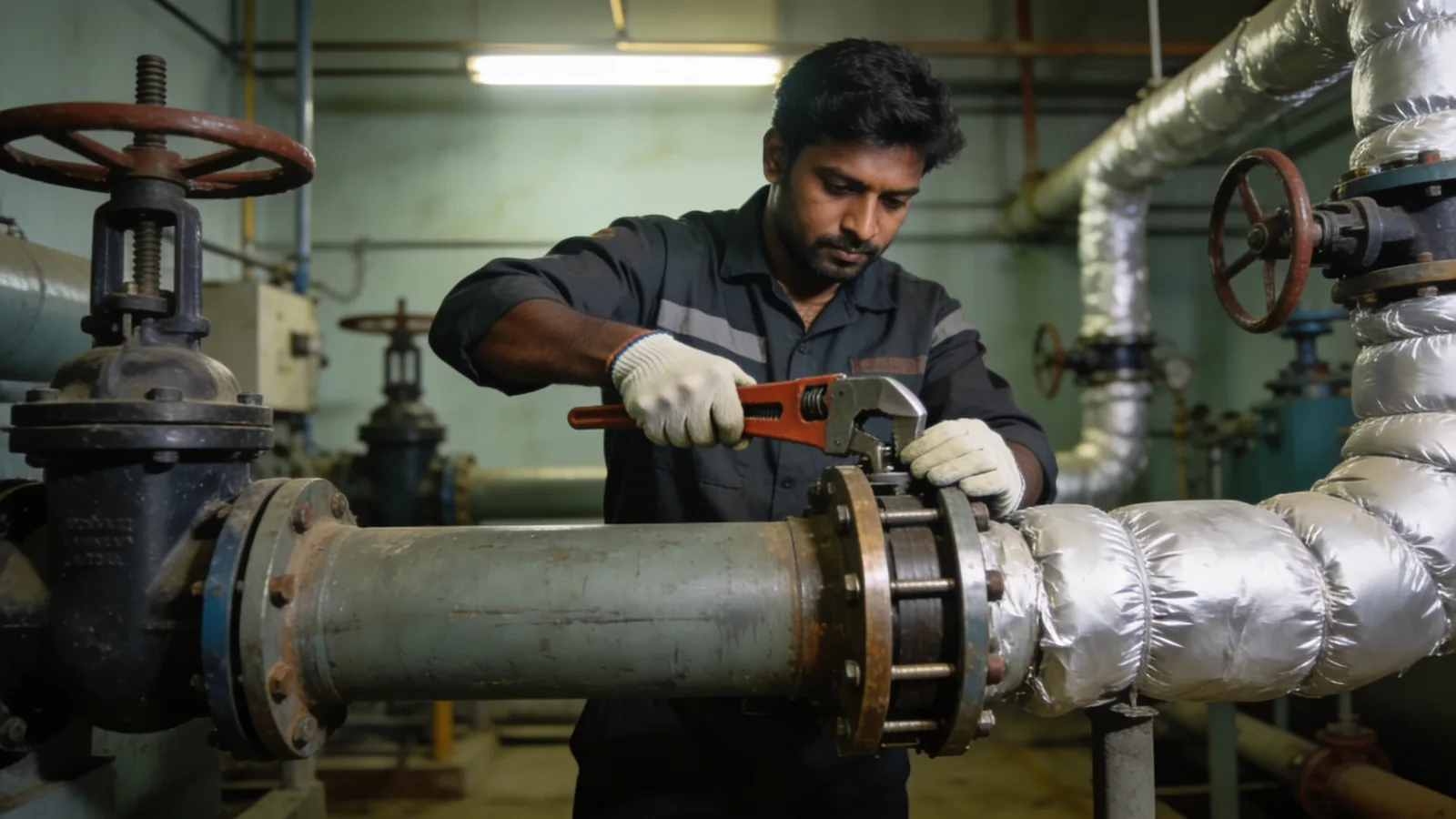 Plumber tightening a pipeline flange joint at a facility plant room