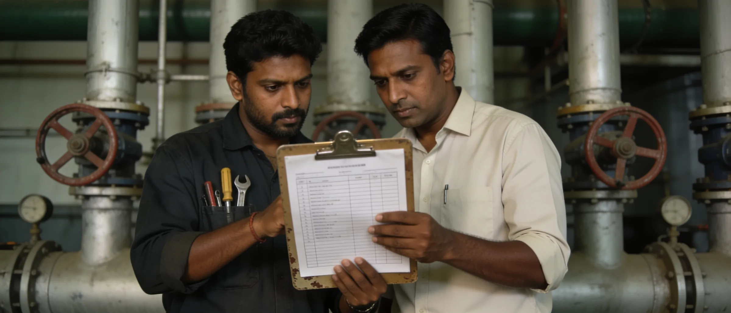 Plumber and facility executive reviewing a maintenance job list