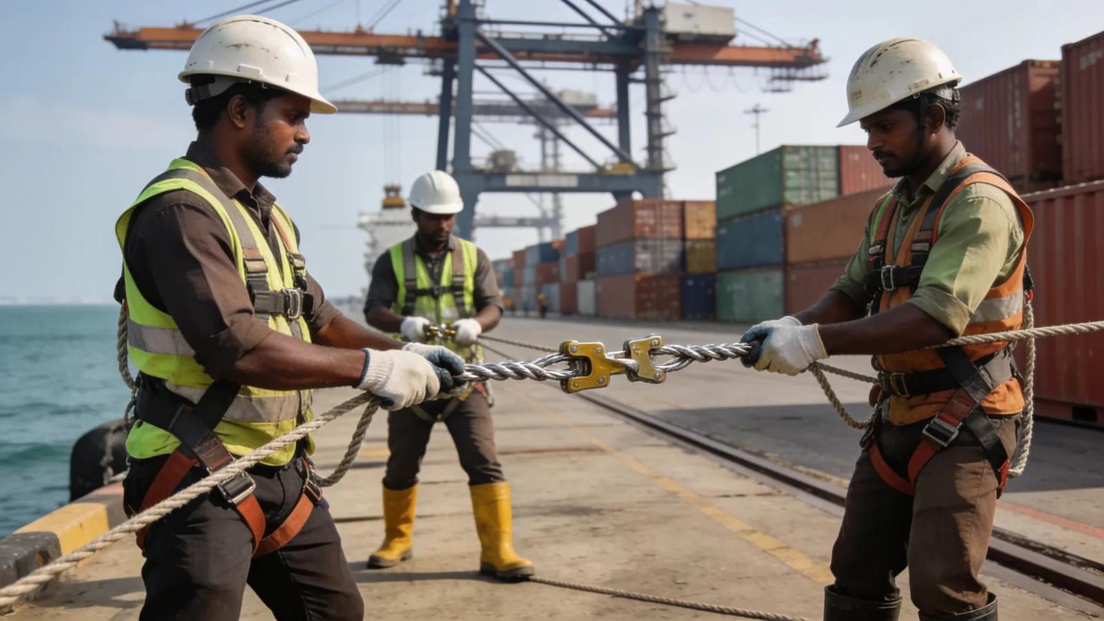 Lashing gang securing container twist locks on a terminal quayside