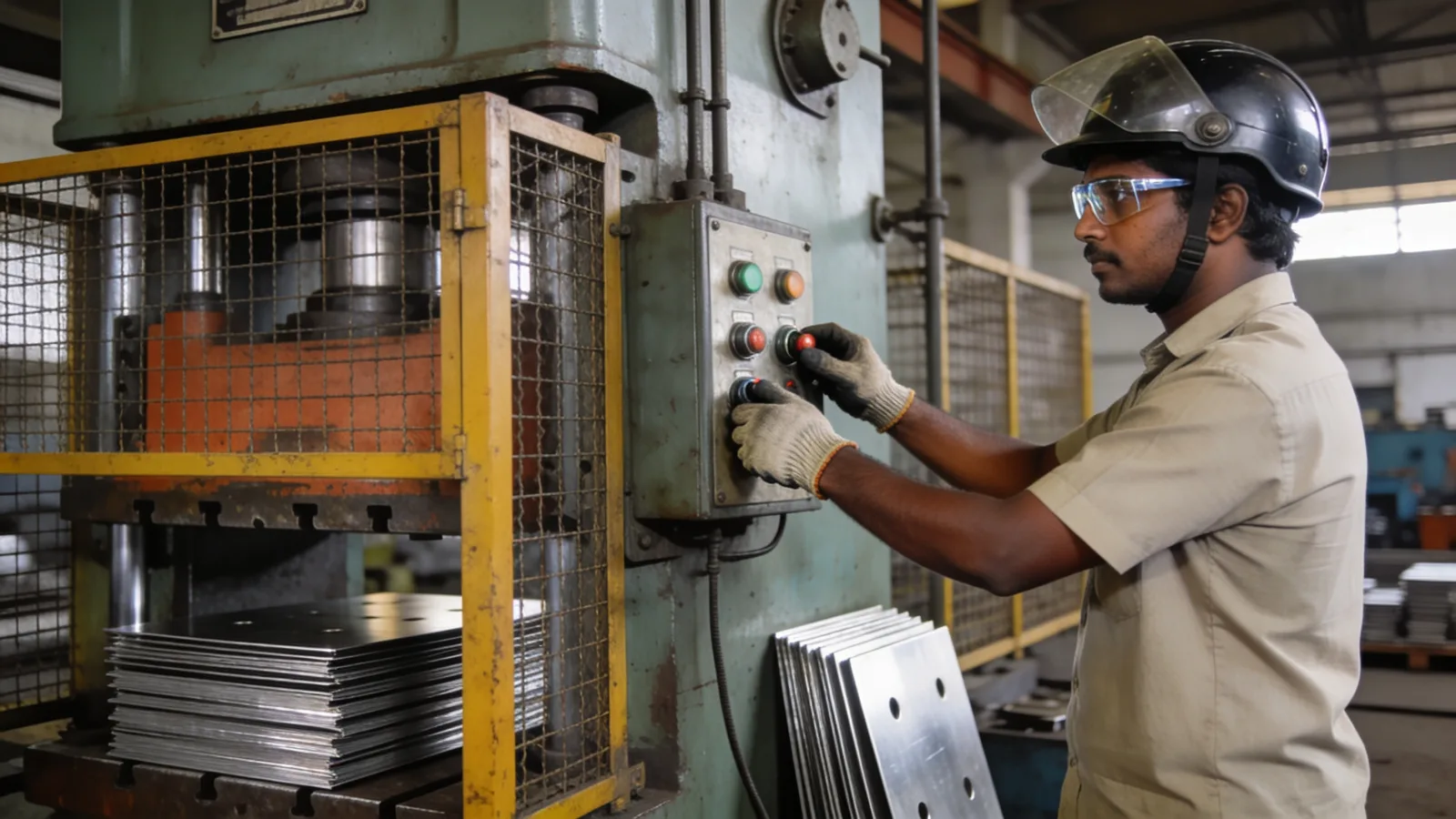 Power press operator using two-hand controls at a guarded mechanical press