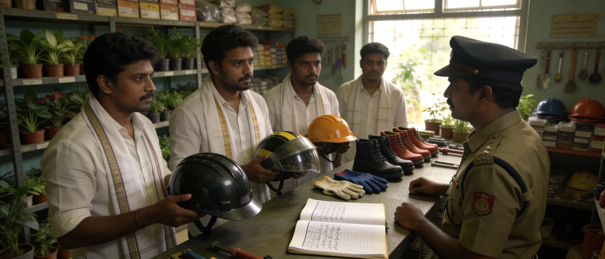 PPE issue counter with new joiners collecting helmets, shoes and gloves