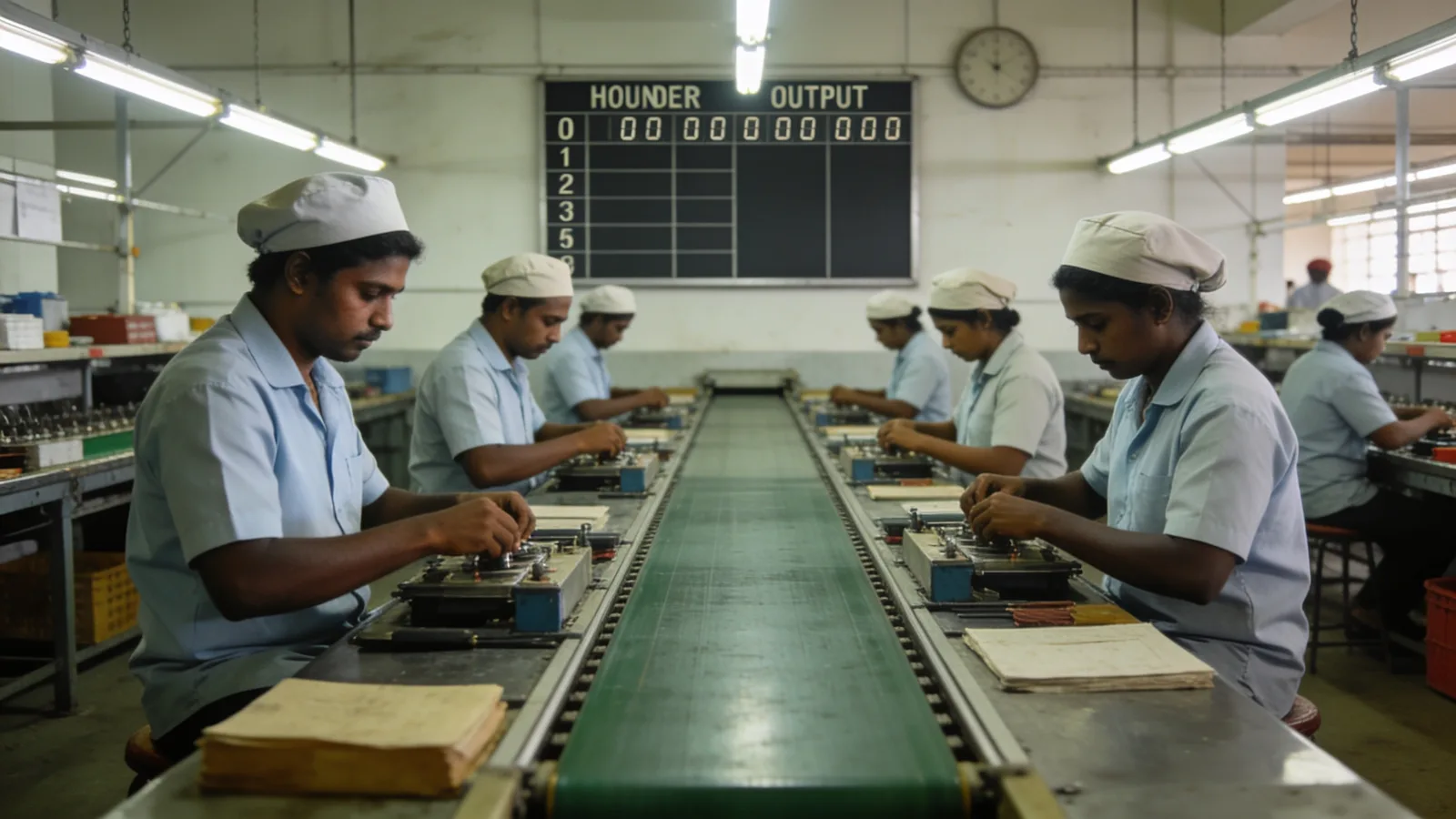 Production operators working a line with the output board visible