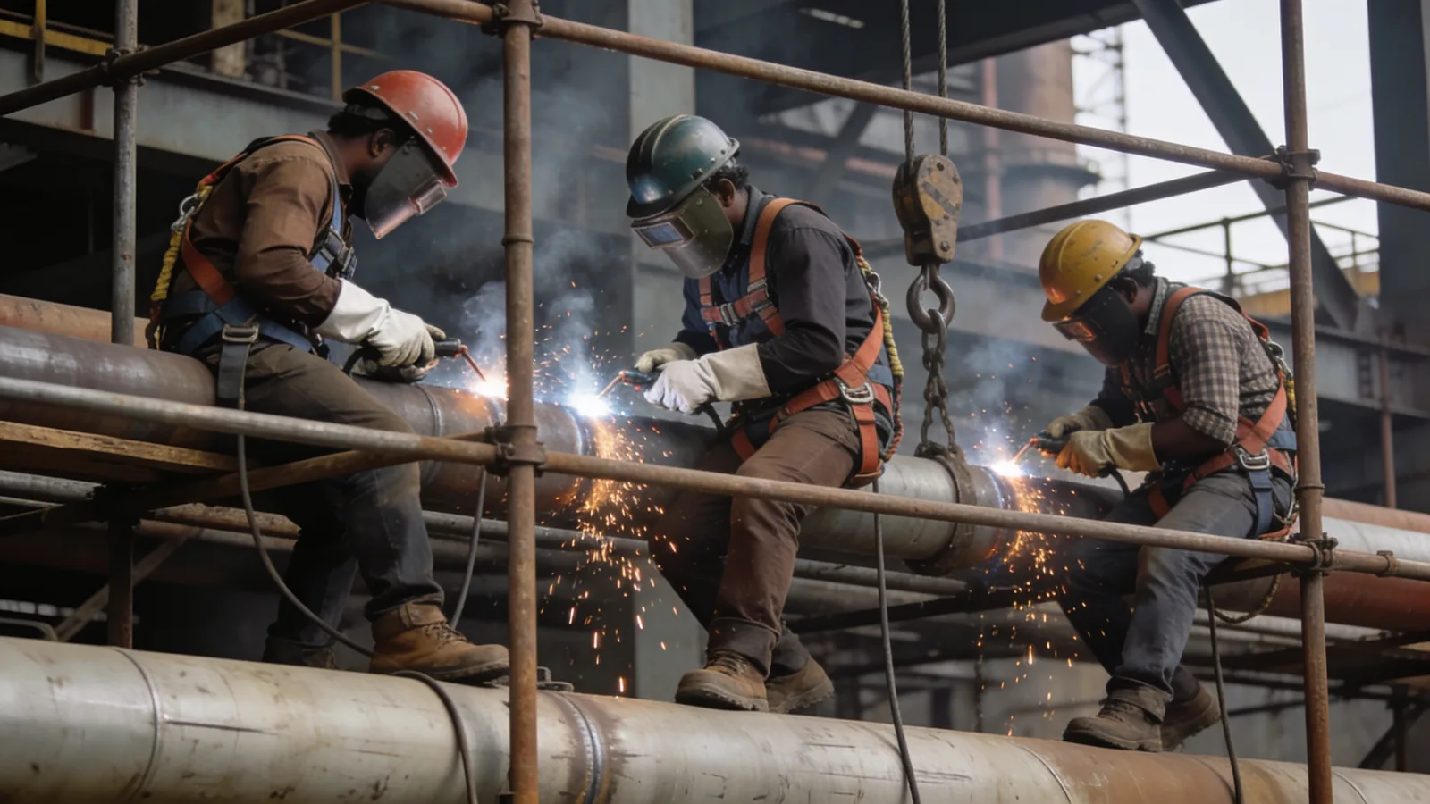 Shutdown crew of welders and riggers working on scaffolded plant structure
