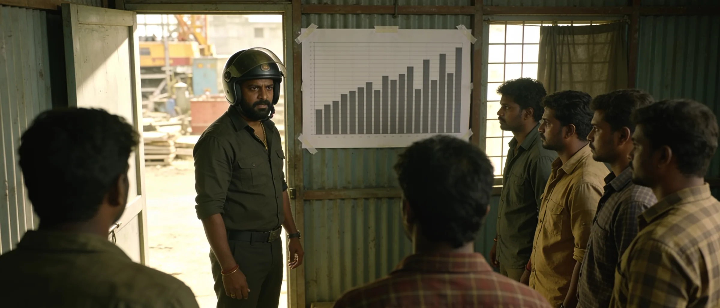 Gang leader briefing a shutdown crew against the bar chart in a site cabin