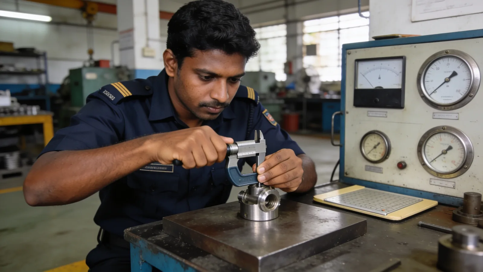 Quality inspector measuring a component with a micrometer at an inspection table