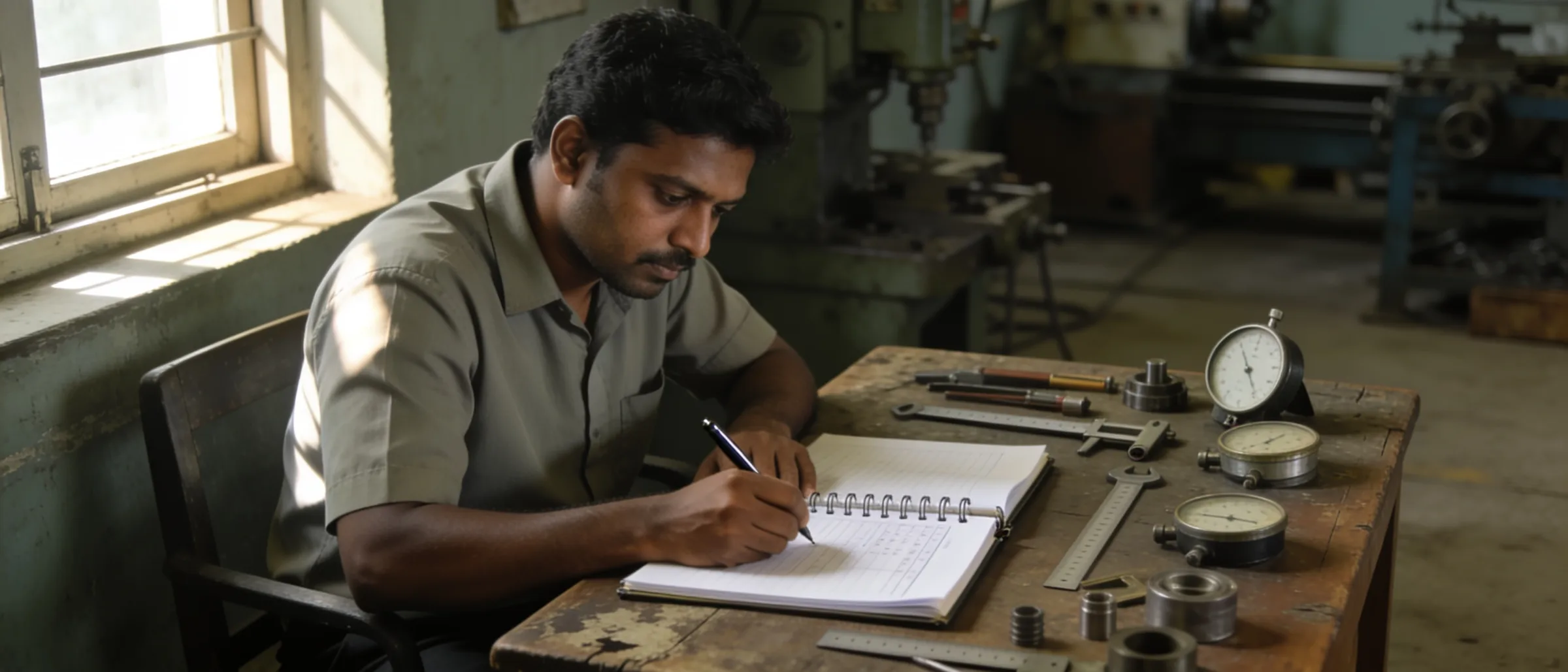 Inspector recording results in a control plan register at the quality desk