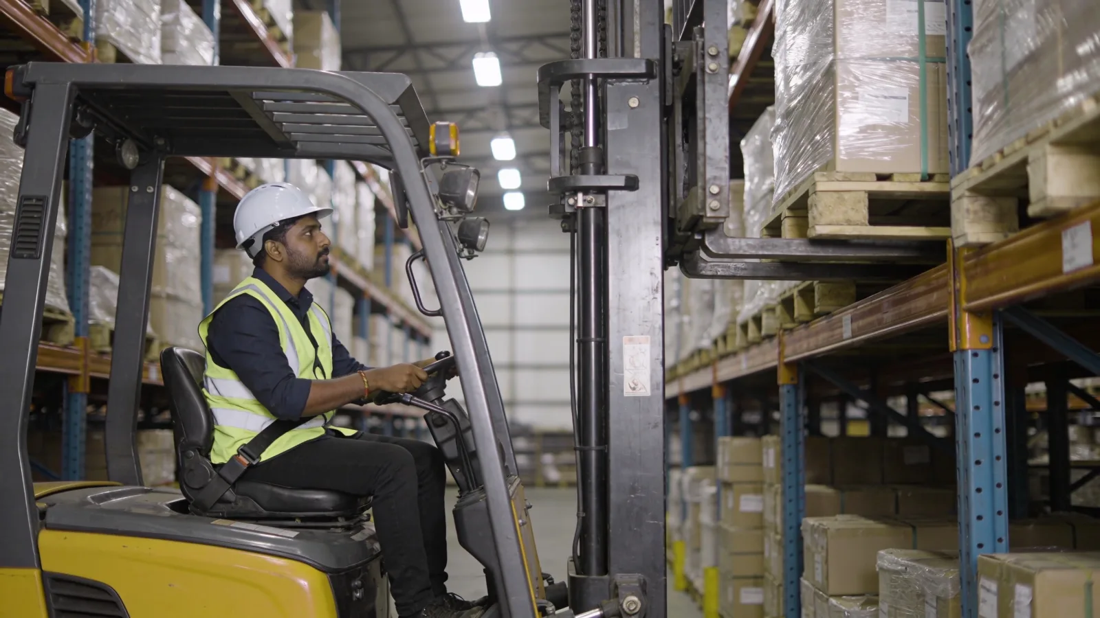 Reach truck operator placing a pallet at a high rack level in a narrow aisle