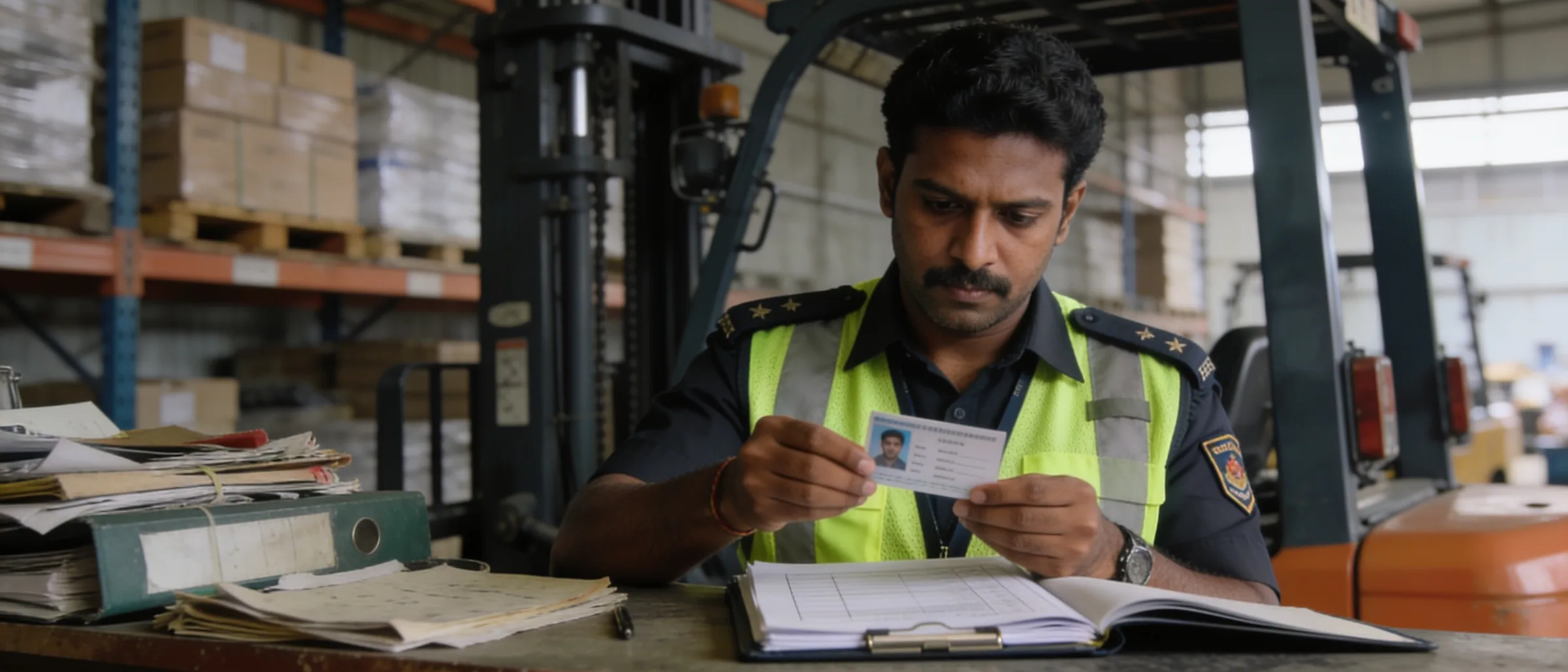 Operator licence and training record verified at the warehouse safety desk