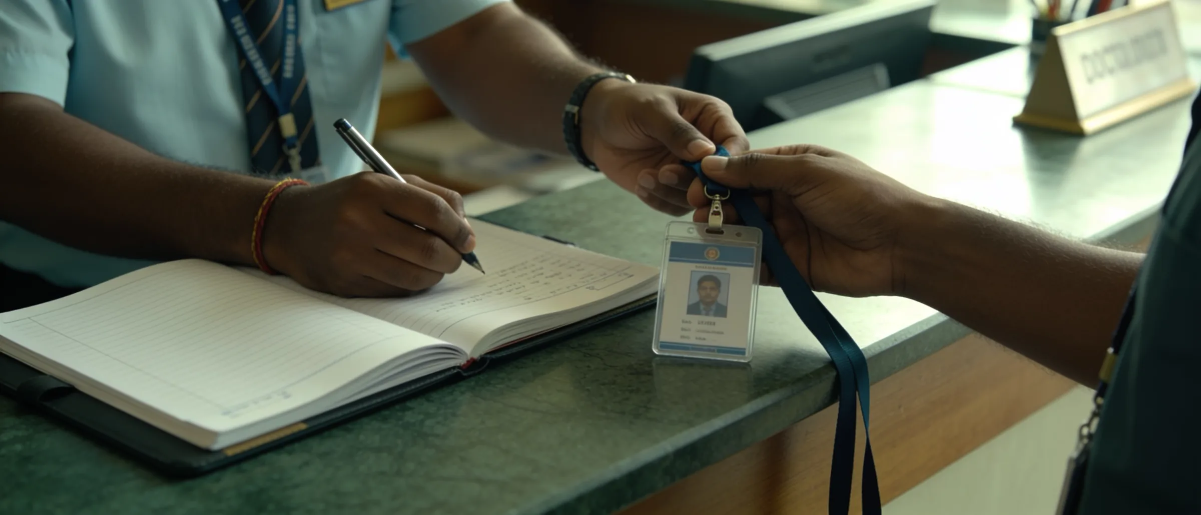 Visitor register and access badge issue at a corporate reception