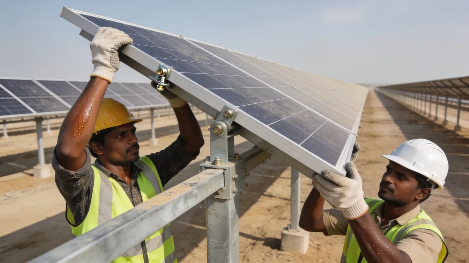 Construction crew mounting solar modules on steel structures in a solar field