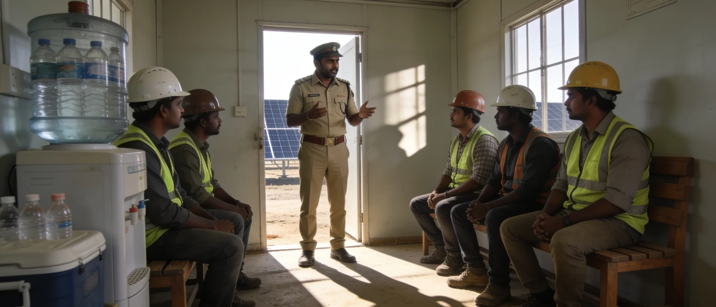 Heat-stress and electrical safety briefing at a solar site cabin