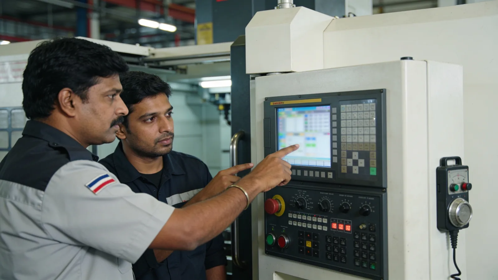 Experienced operator being trained on a new machine control panel