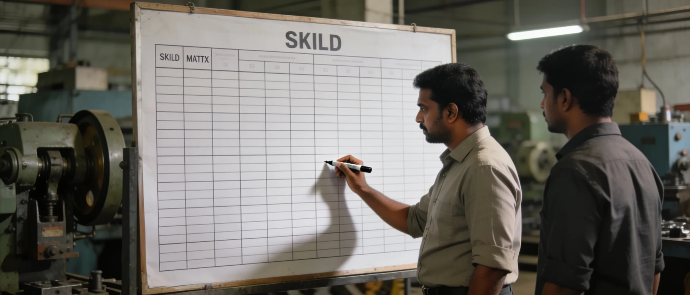 Supervisor updating a station skill matrix on the shop-floor notice board