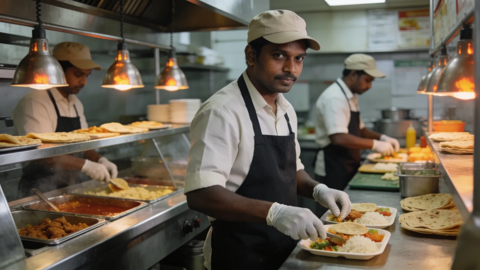 Kitchen crew working the hot line and assembly station during a lunch rush