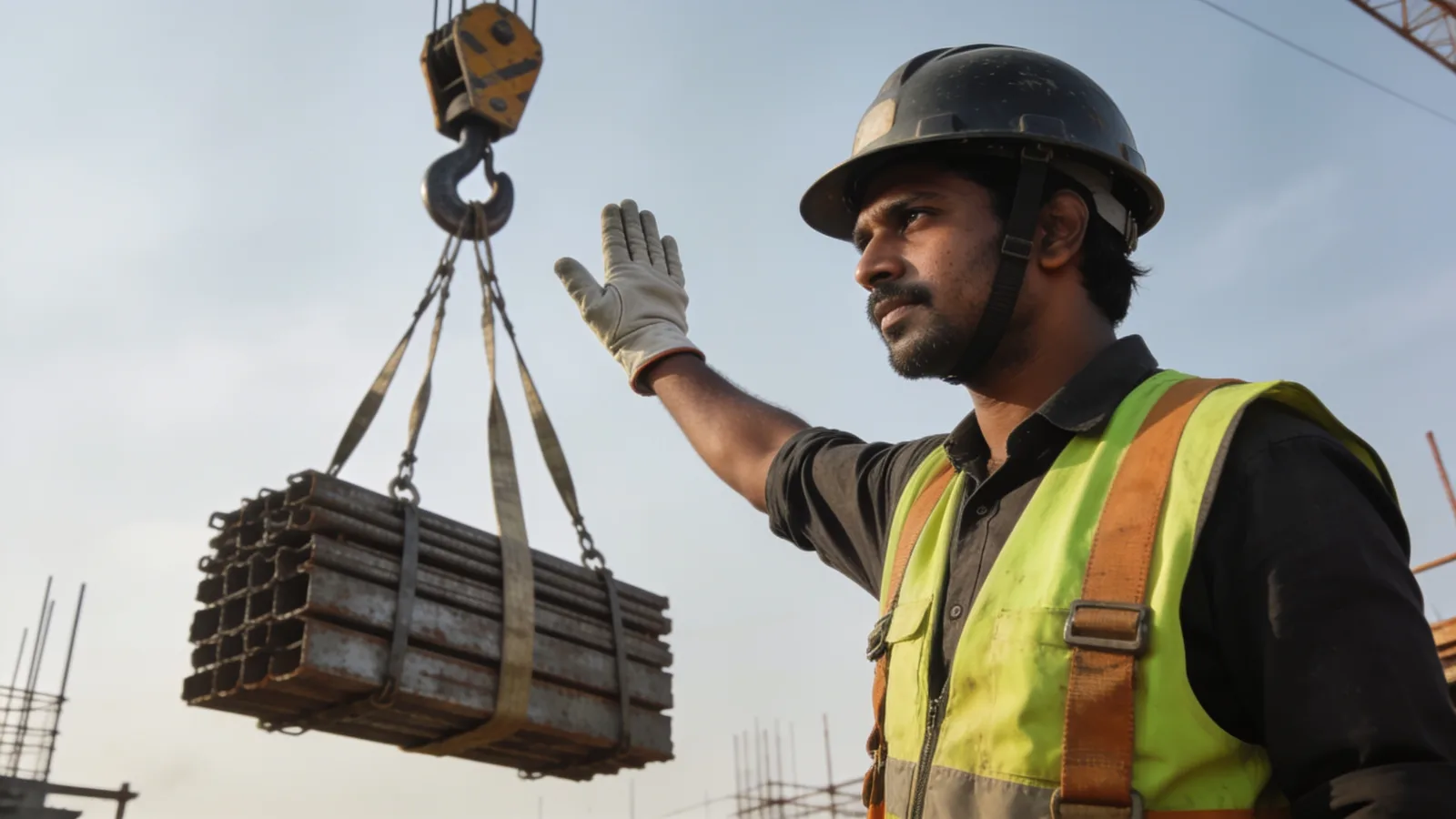 Rigger directing a suspended load with slings and hand signals