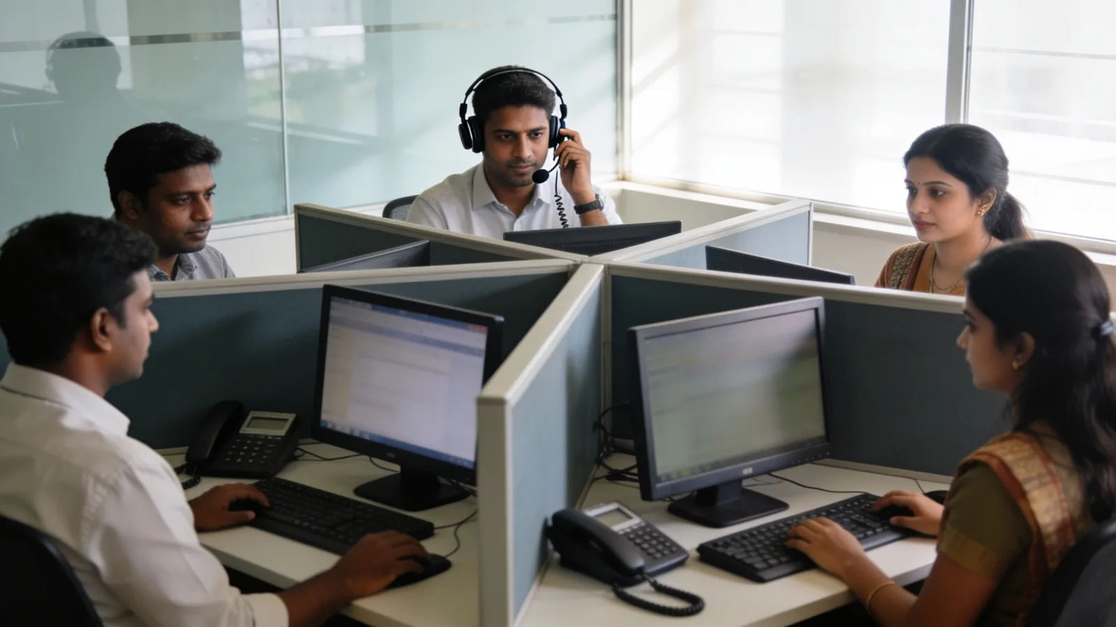 Recruiters at workstations screening candidates by phone
