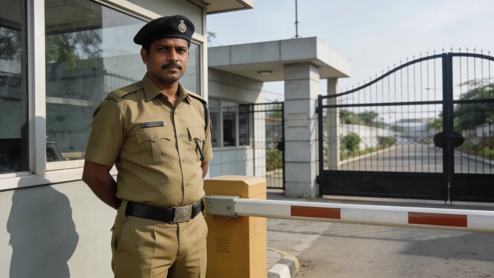 Security guard on duty at a corporate premises gate