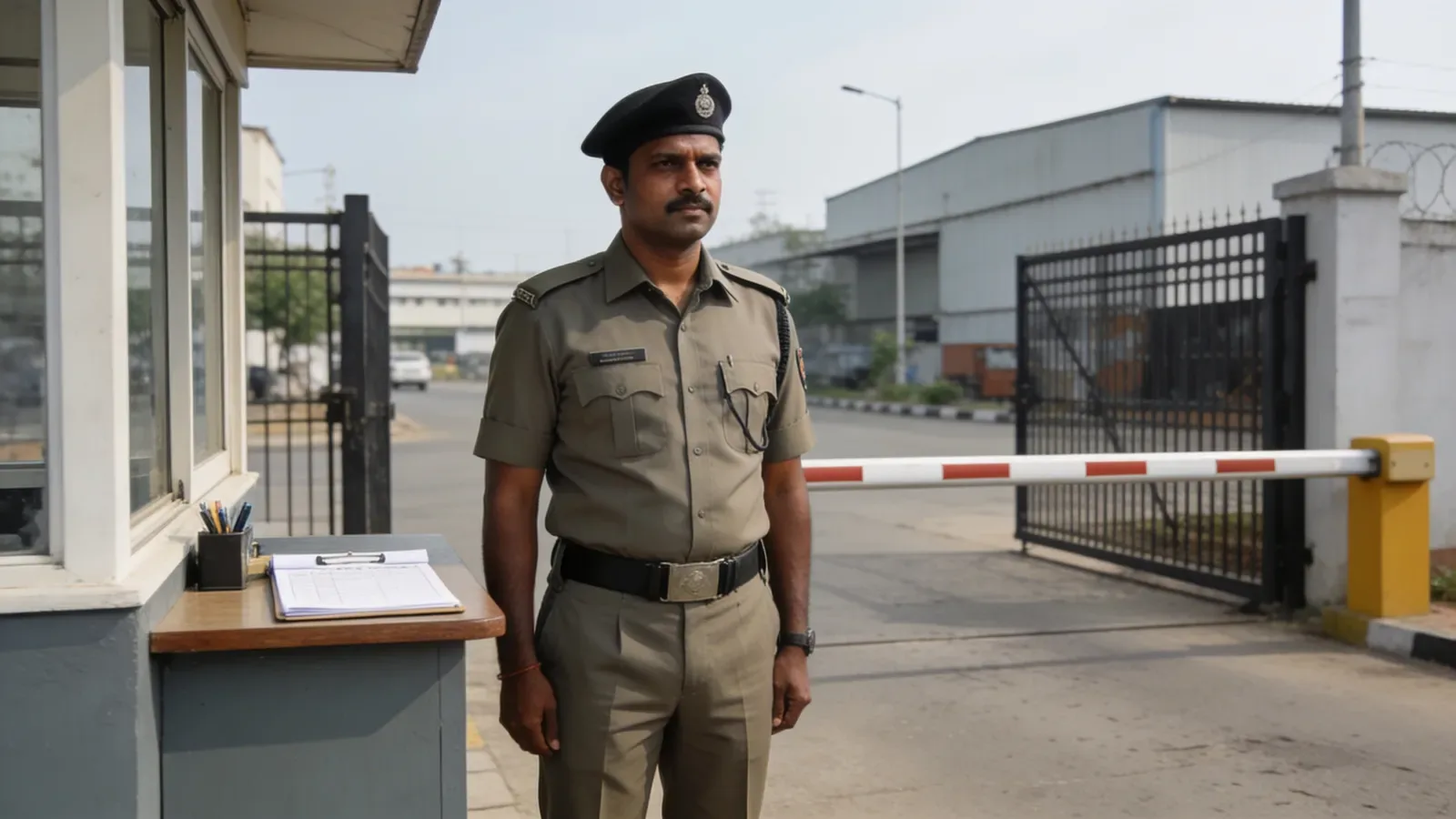Security guard on duty at an industrial gate beside the visitor register