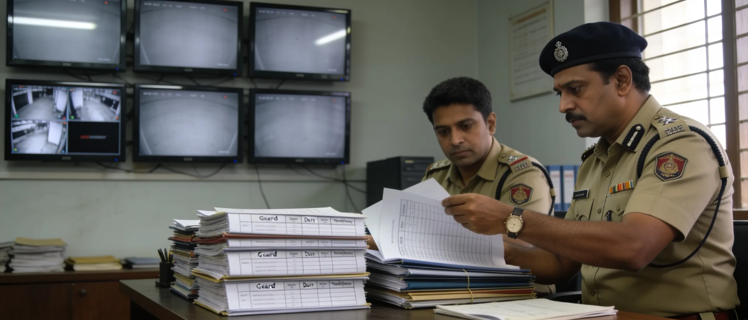 Security supervisor reviewing guard duty and training records at the site security office