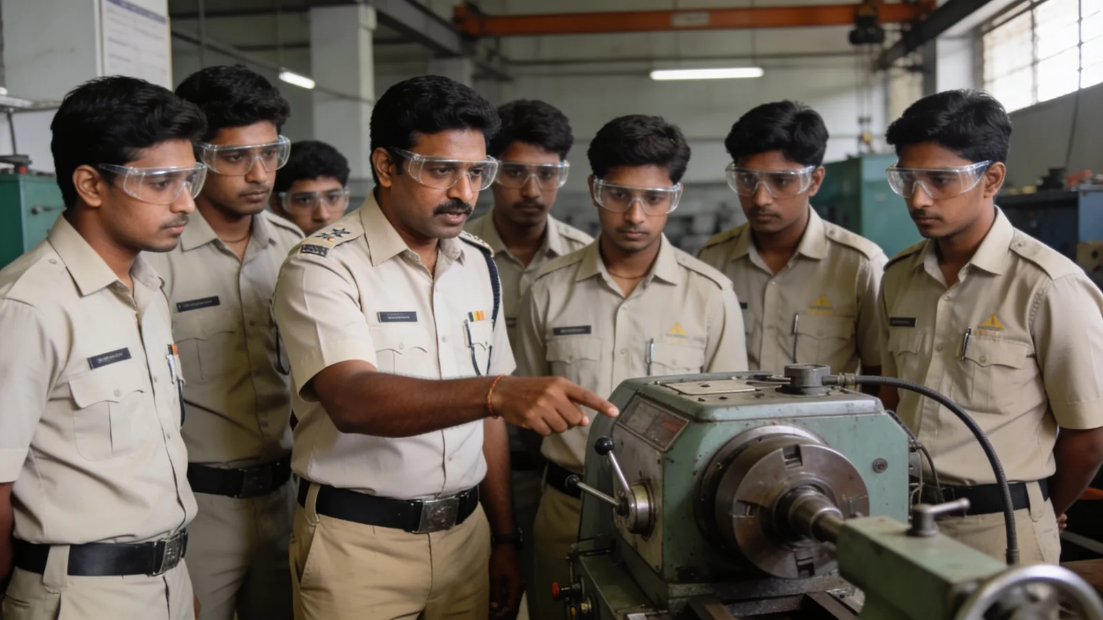 Trainer instructing a batch at a machine in a training bay