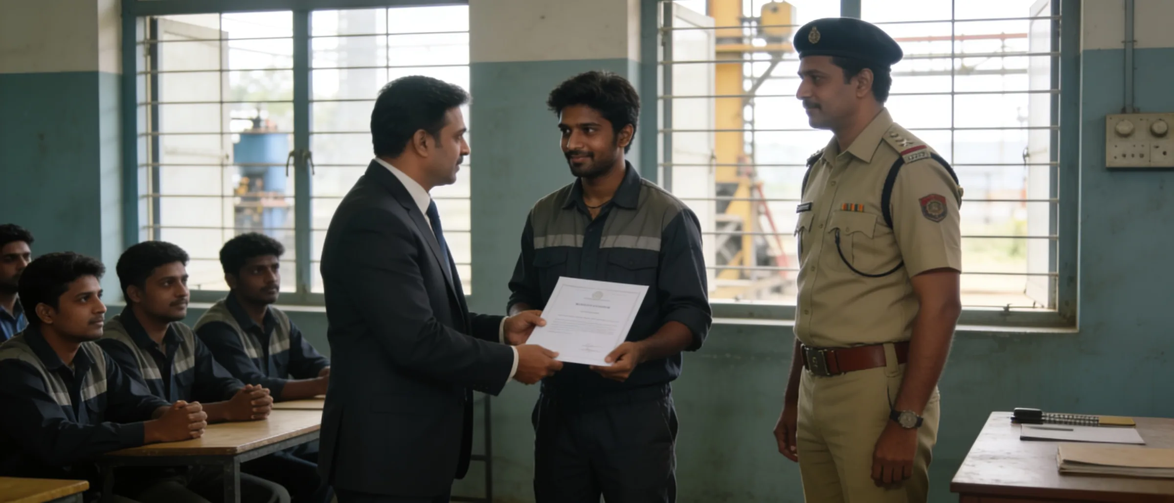 Trainee receiving an assessment certificate in a training hall