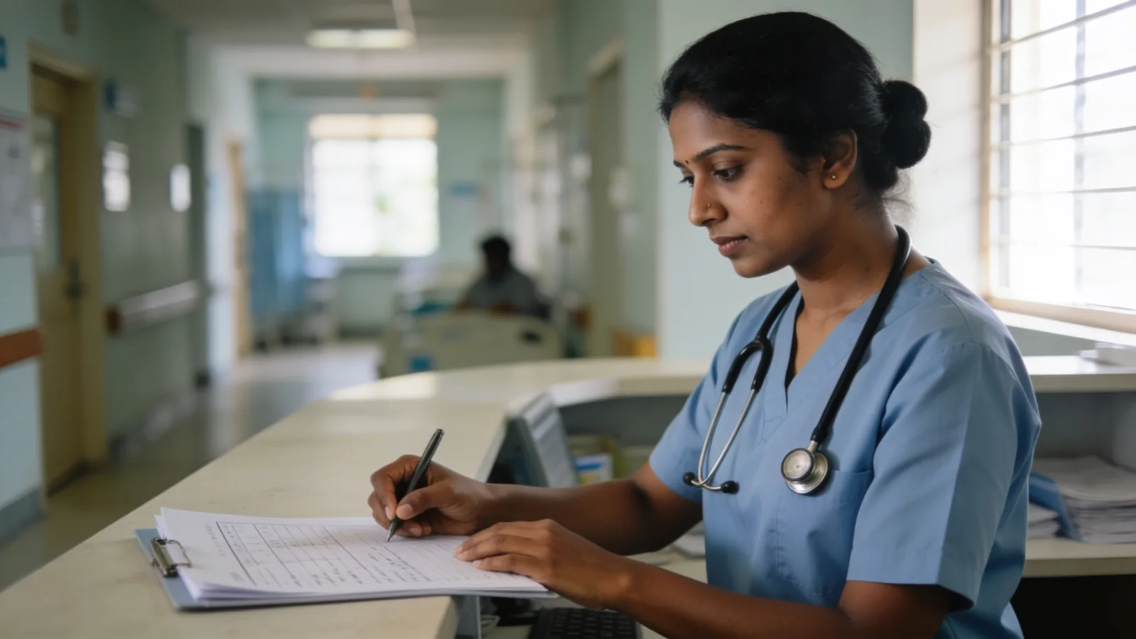 Staff nurse updating a patient chart at a ward nursing station