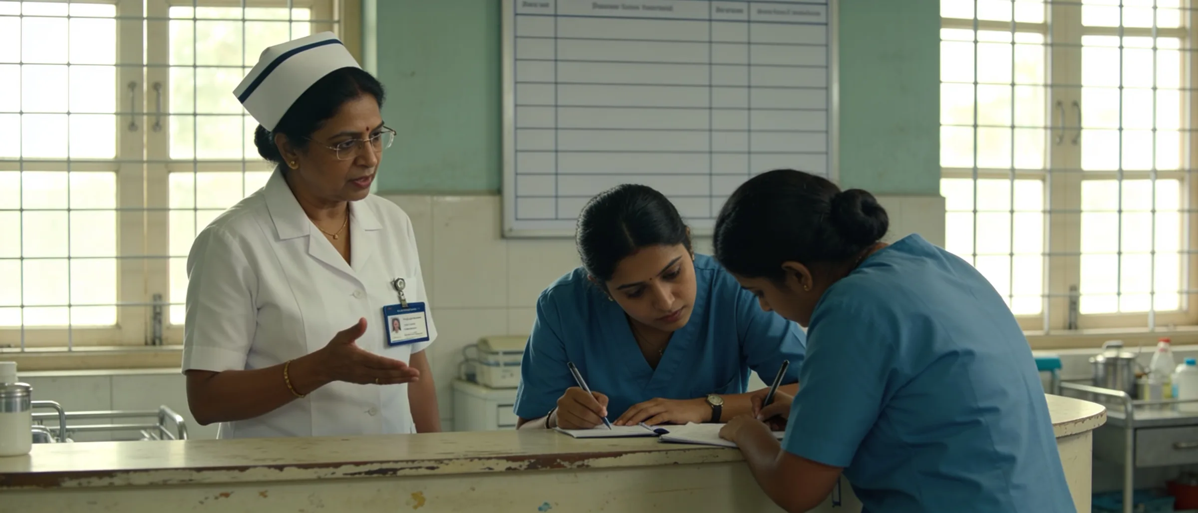 Nursing in-charge briefing a shift handover at the ward station