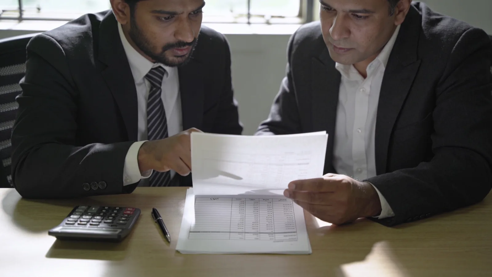 Account manager and procurement head reviewing a cost breakdown sheet