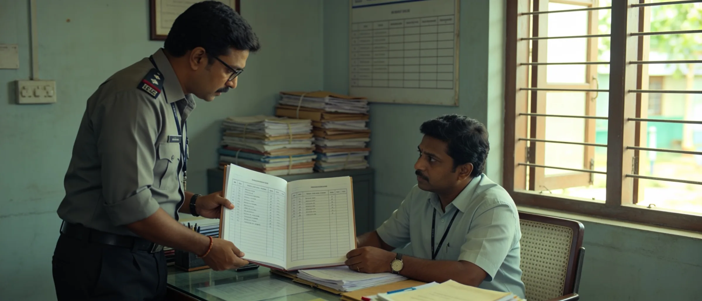 A labour inspector being walked through wage and attendance registers
