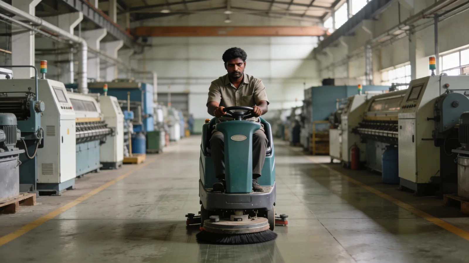Cleaner operating an industrial floor scrubbing machine on a plant floor