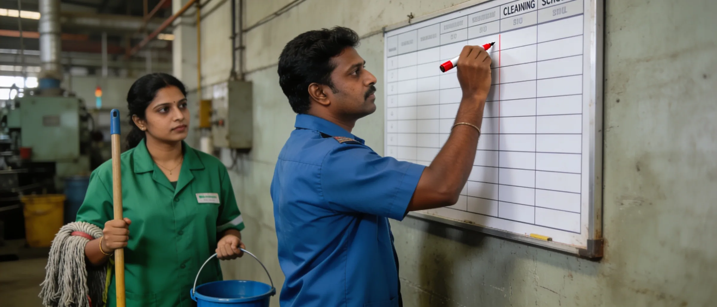 Supervisor marking completed areas on the cleaning schedule board