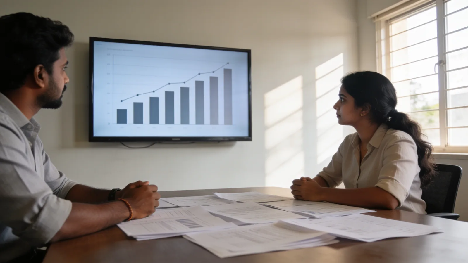 Talent map and salary benchmark charts on a meeting room screen