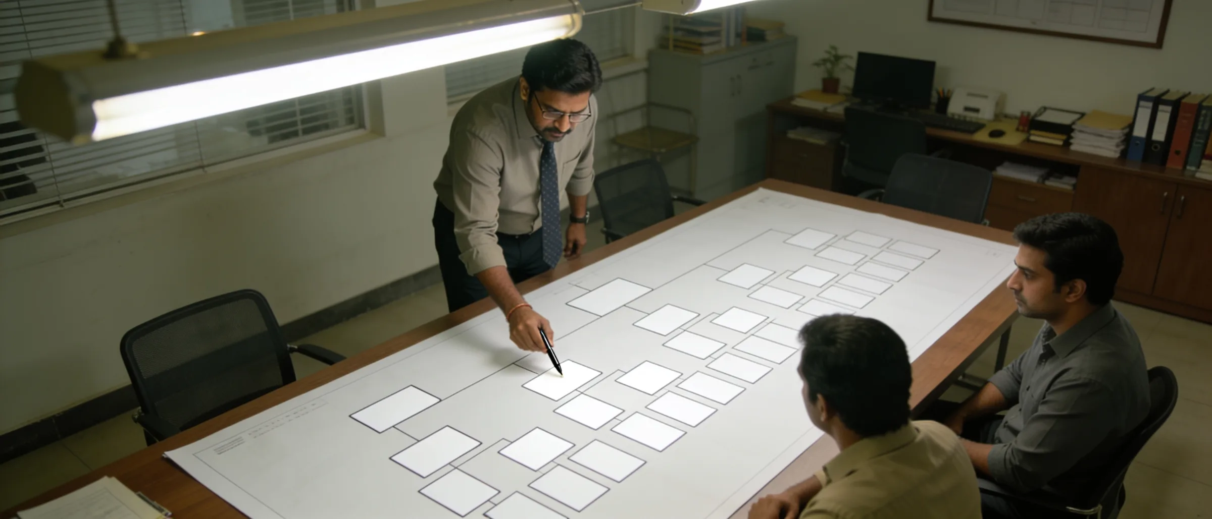 Consultant walking a client team through printed competitor org charts