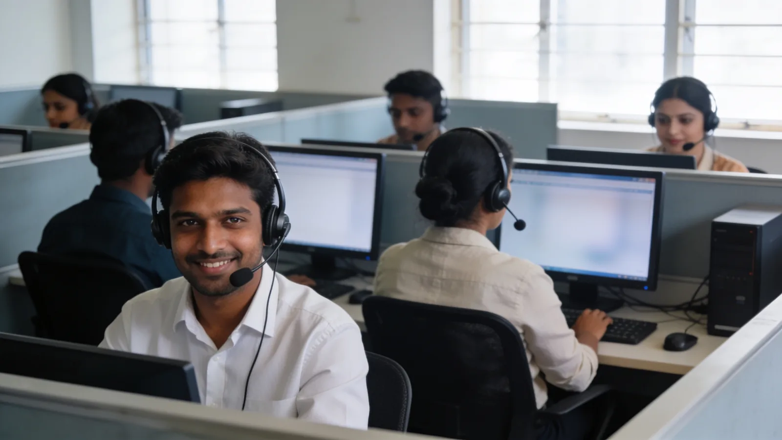 Agents on headsets at workstations in a contact centre