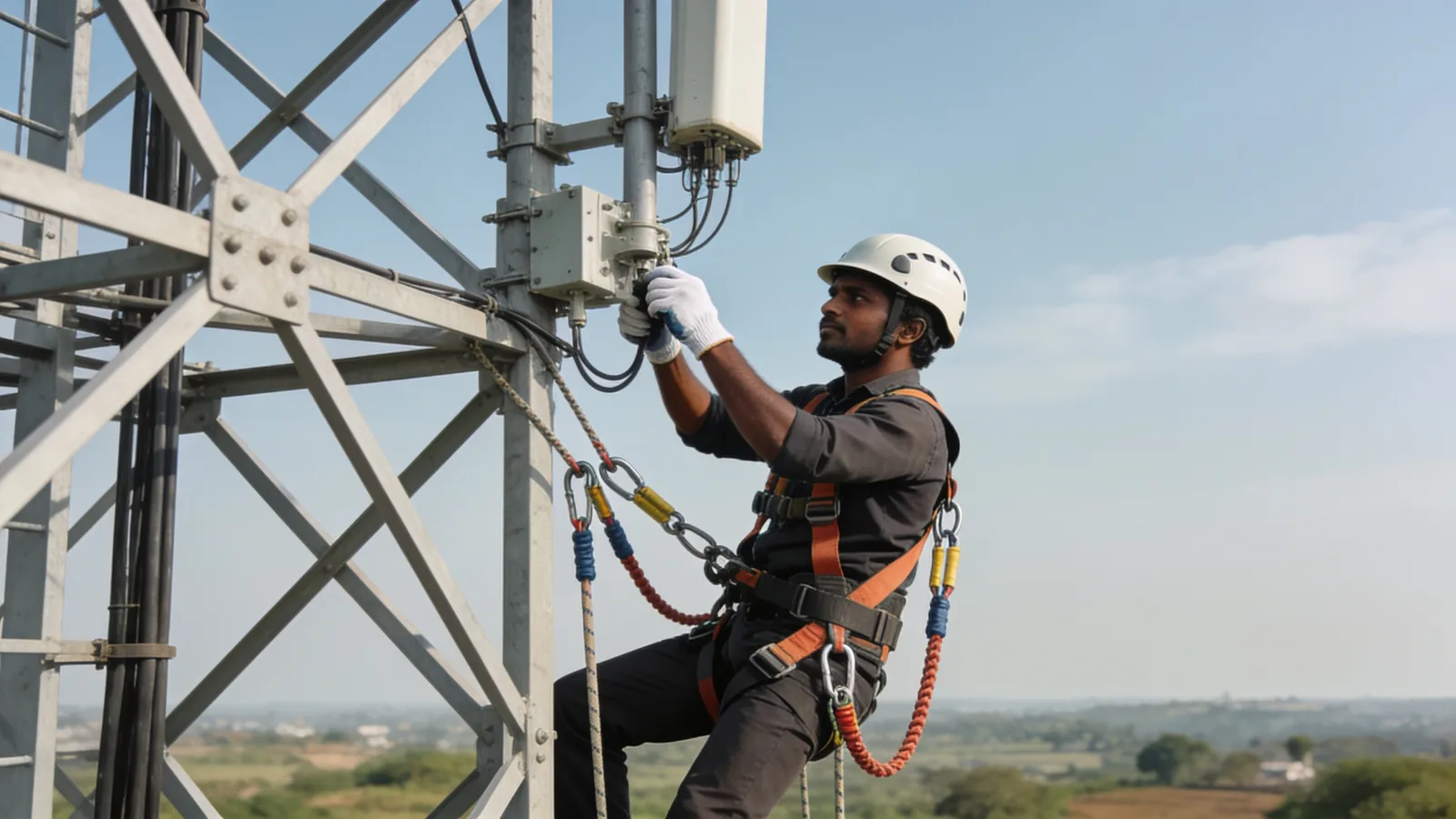 Telecom technician harnessed on a lattice tower working on antenna hardware