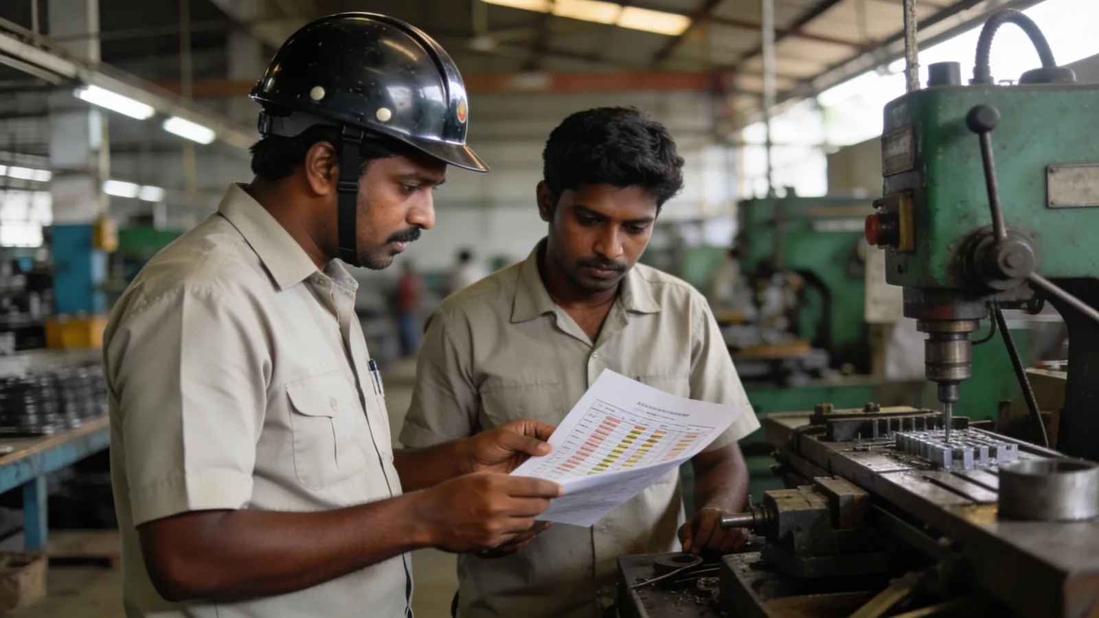 Supervisor reviewing a trial worker's output sheet at the line