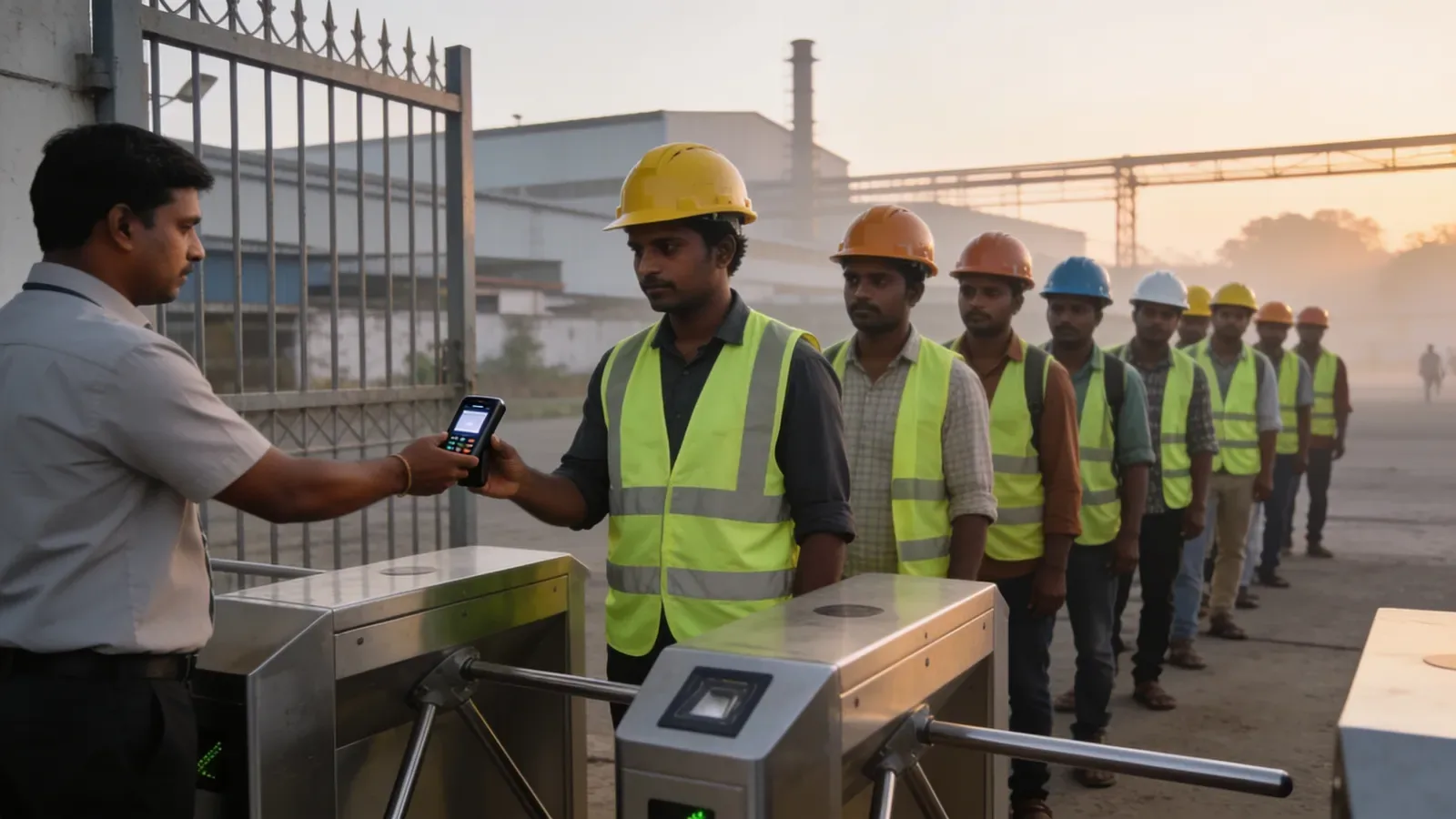 Workers in hard hats and safety vests queuing at a plant gate turnstile for attendance check-in
