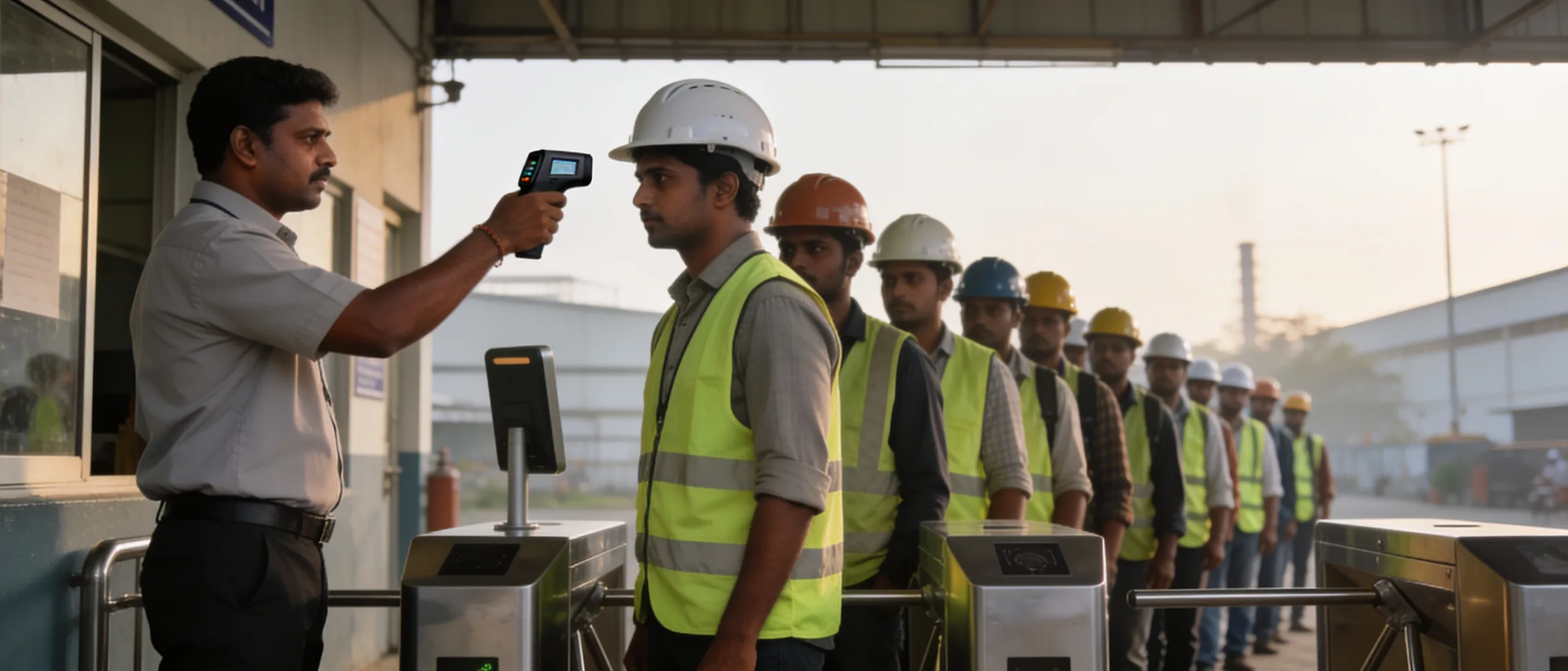 Coordinator marking biometric attendance as seasonal workers enter the plant gate