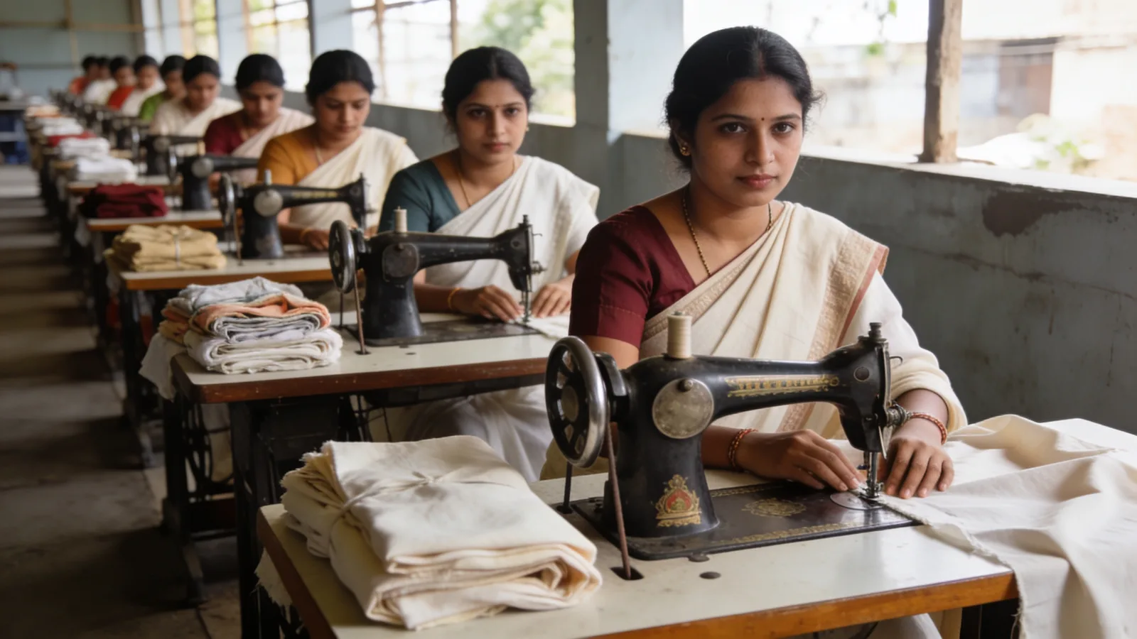 Tailors at industrial sewing machines on a garment production line