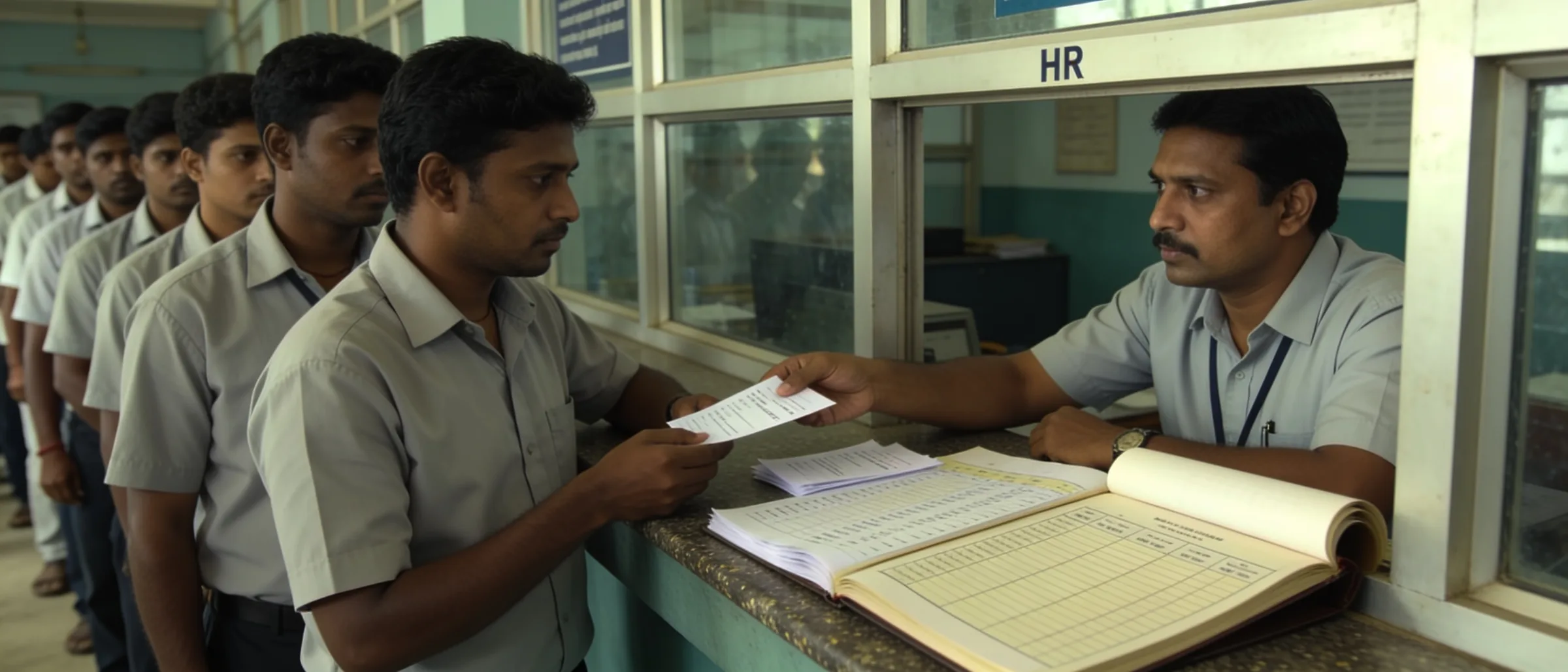 Deployed employees collecting payslips at a plant HR window