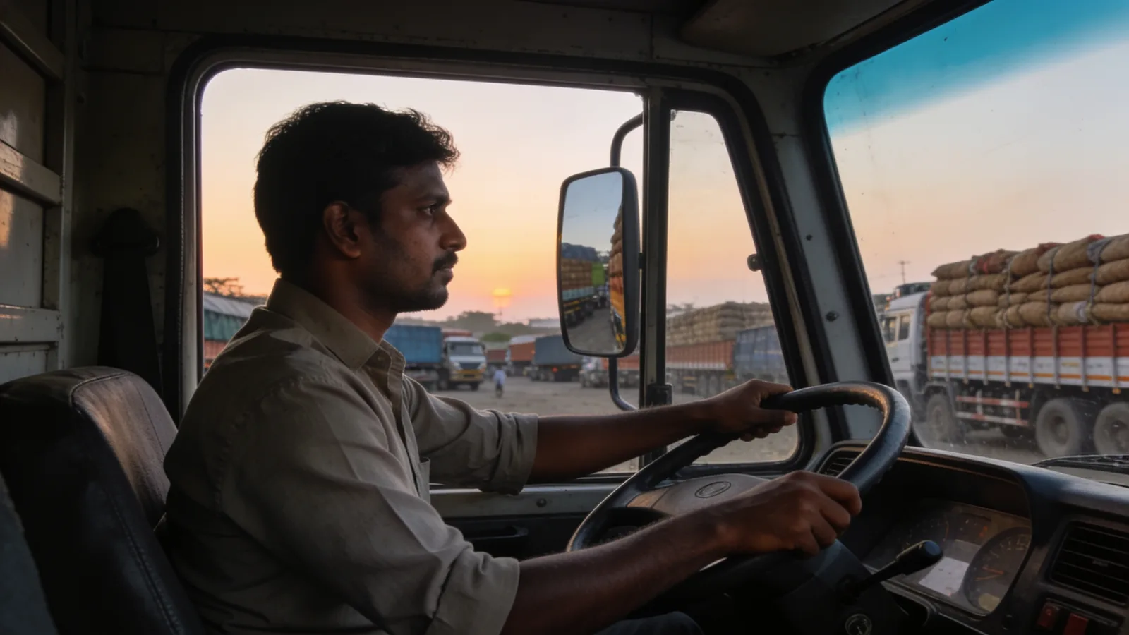 Truck driver at the wheel of a loaded commercial vehicle