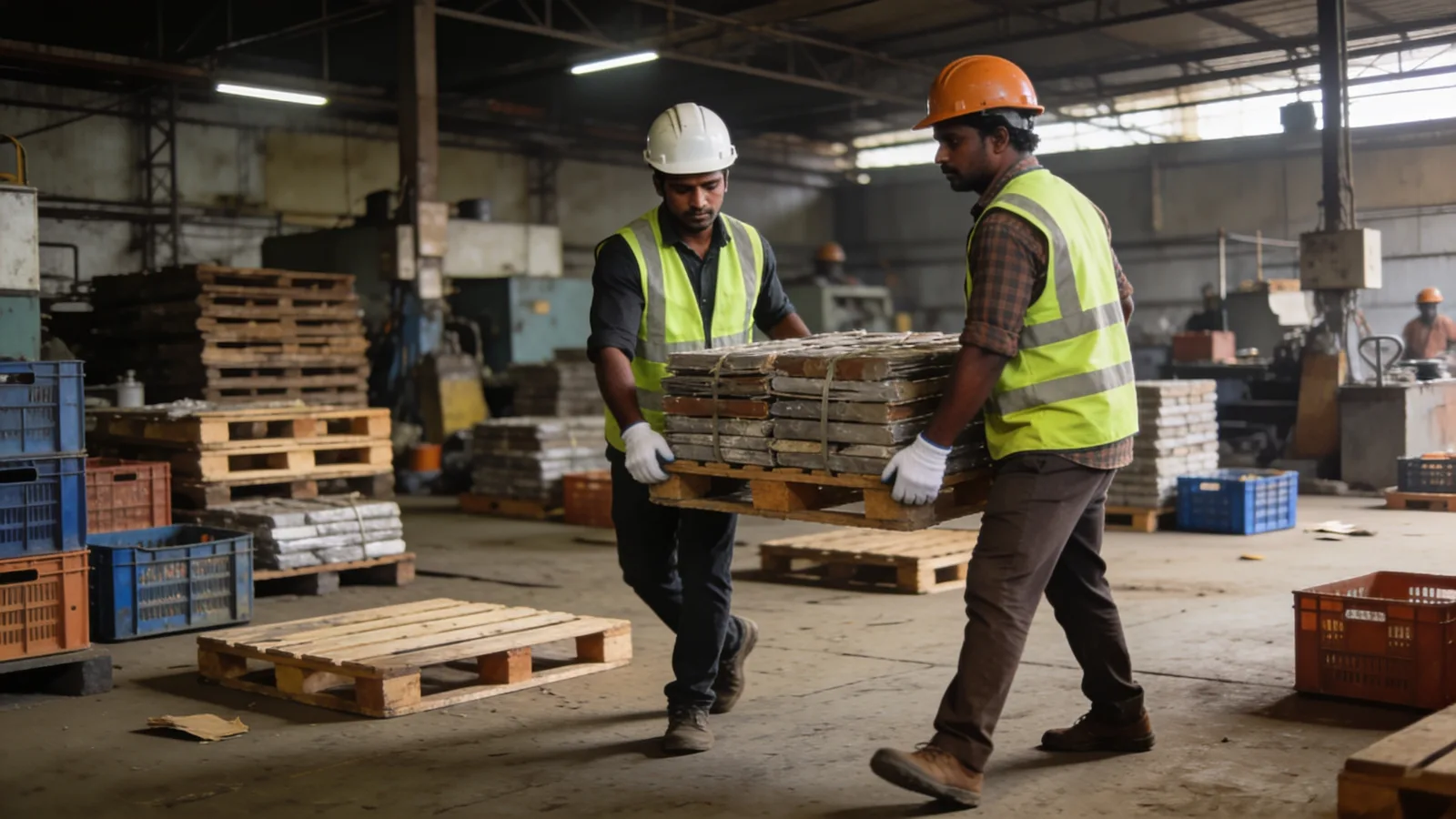 General-duty workers with PPE moving material on a plant floor