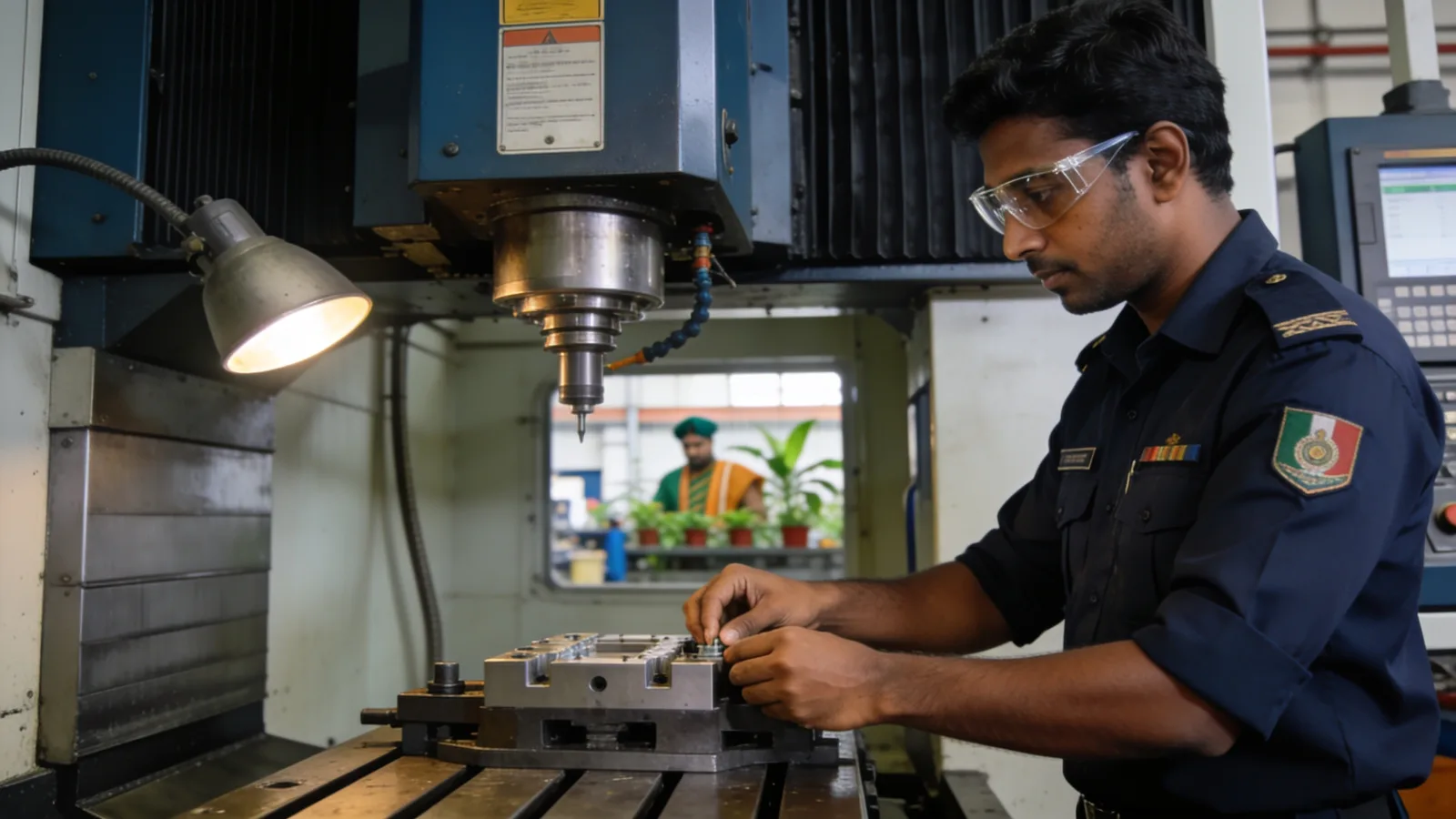 VMC operator setting a fixture on a vertical machining centre bed