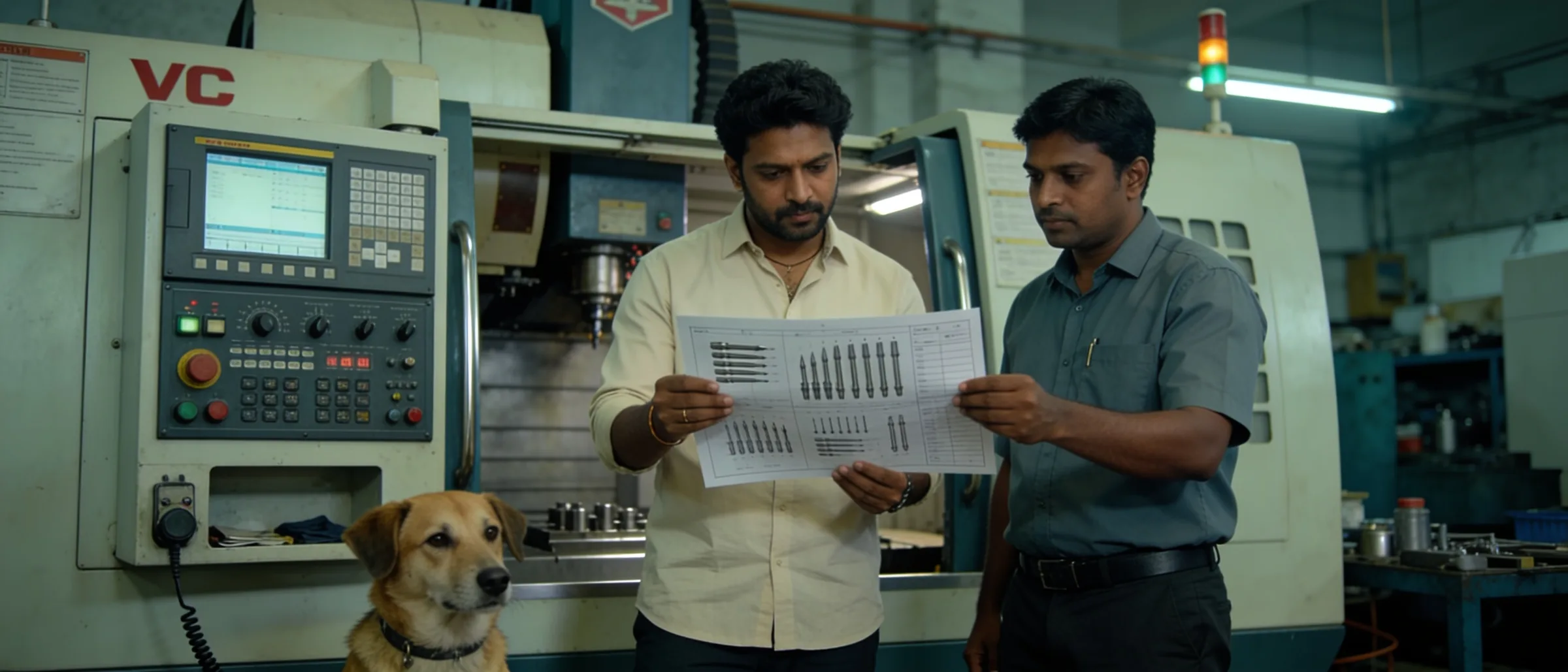 Setter and operator reviewing a tool offset sheet beside the VMC panel