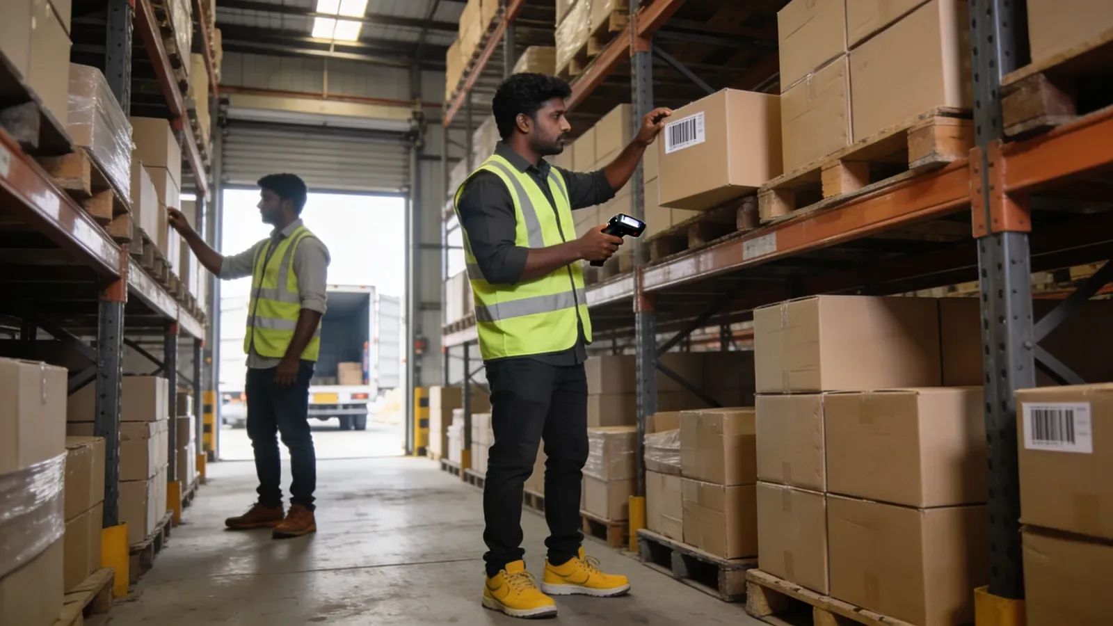 Warehouse associates picking cartons from pallet racking with a barcode scanner