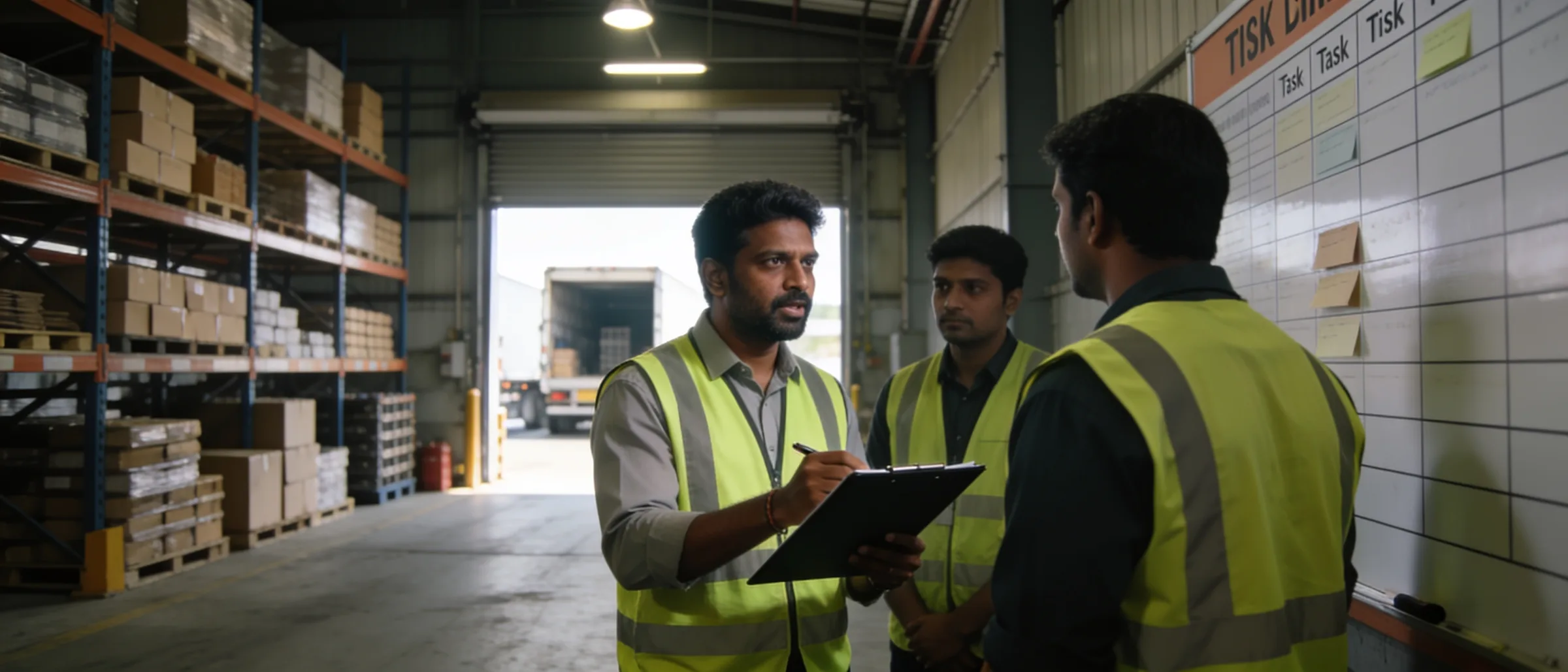 Warehouse shift supervisor allocating tasks at the dock task board