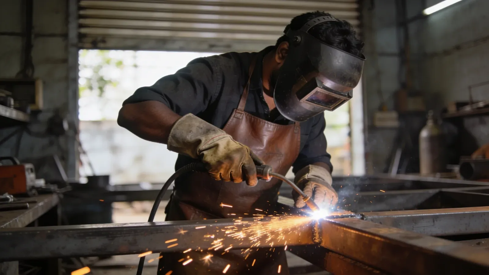 Welder running a weld on a steel structural joint