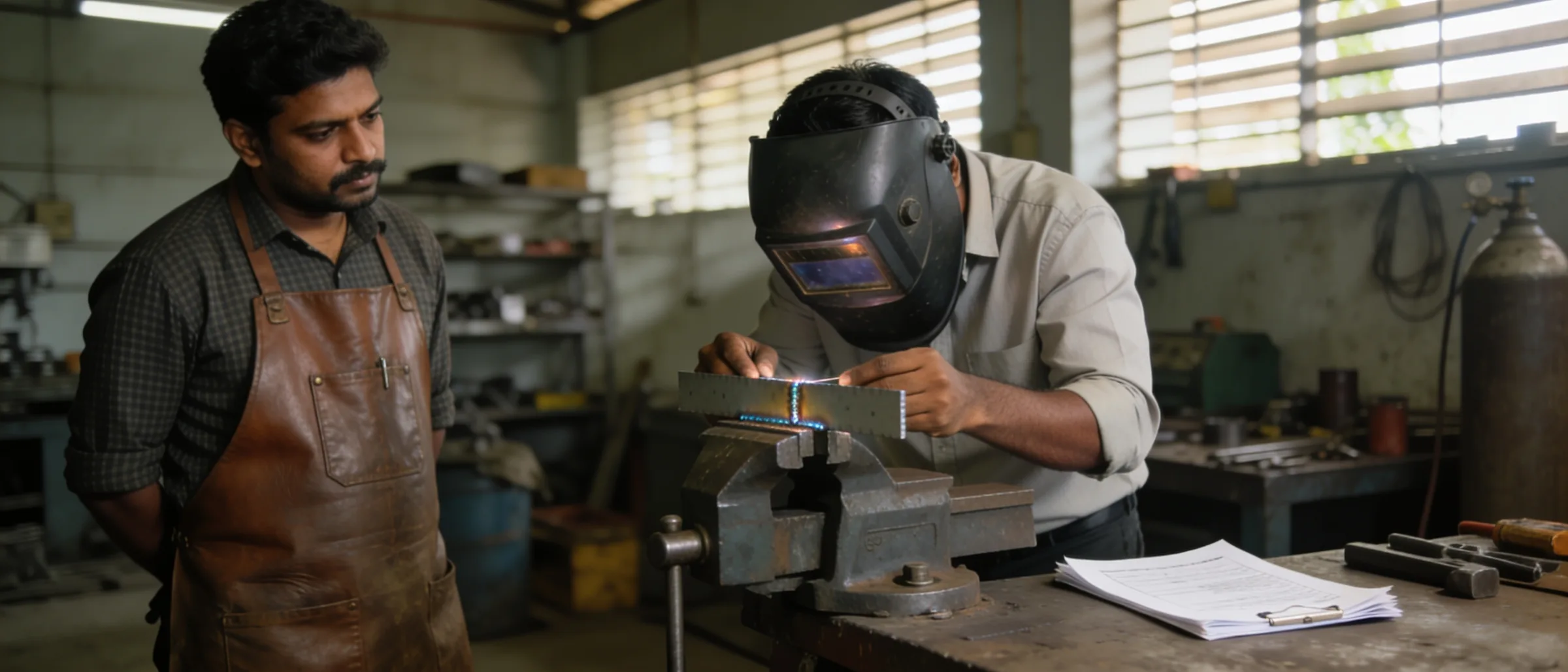 Examiner inspecting a weld test coupon during a welder trade test